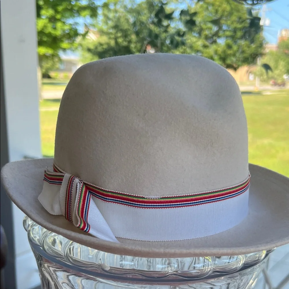 VTG Cream Wool Fedora Hat with Ribbon Band - Geo W Bollman - Picture 1 of 8